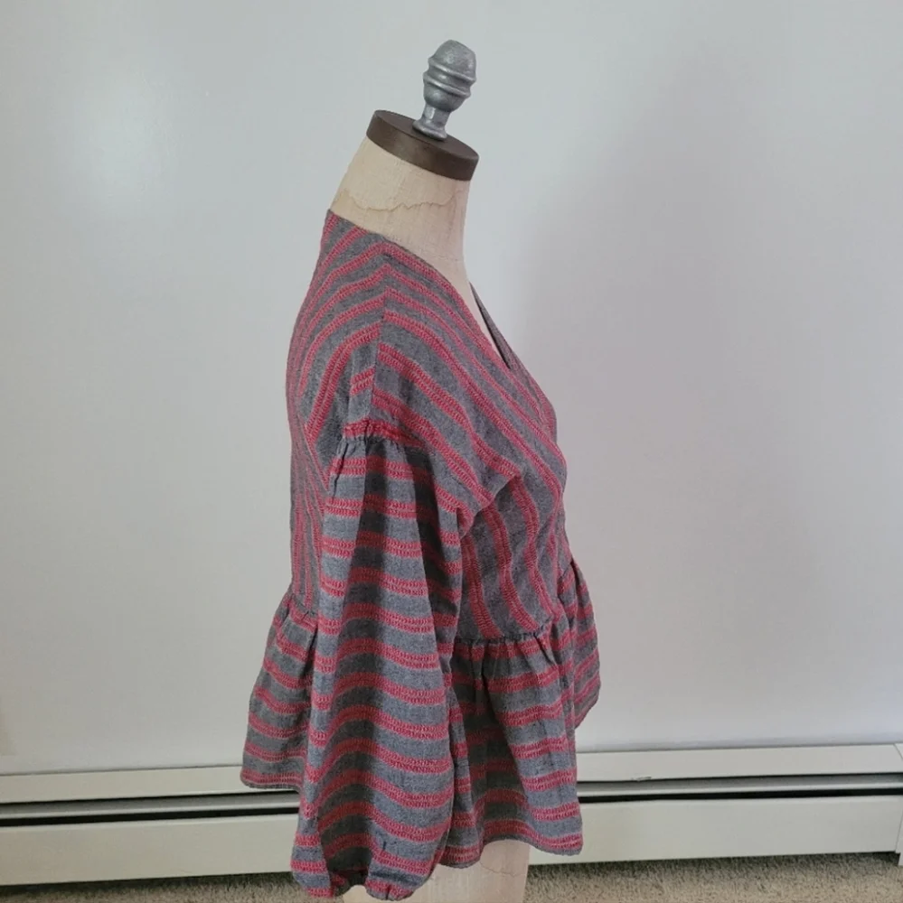 Madewell Balloon Puff Sleeve Peplum Blouse Gray Red Stripe XS